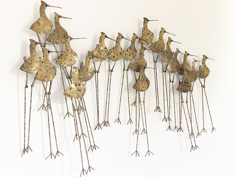 A Large Brutalist Gilt Brass Sandpiper Wall Sculpture by Curtis Jere