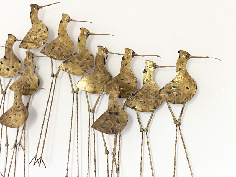 A Large Brutalist Gilt Brass Sandpiper Wall Sculpture by Curtis Jere