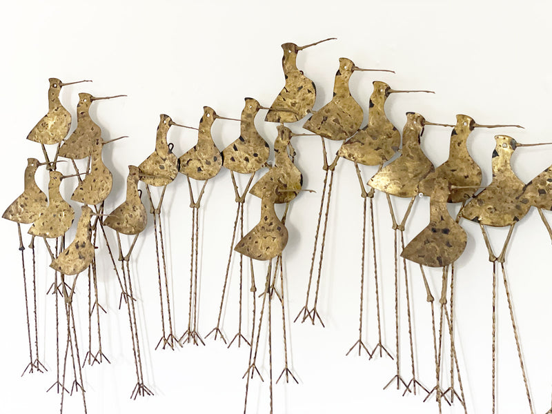 A Large Brutalist Gilt Brass Sandpiper Wall Sculpture by Curtis Jere