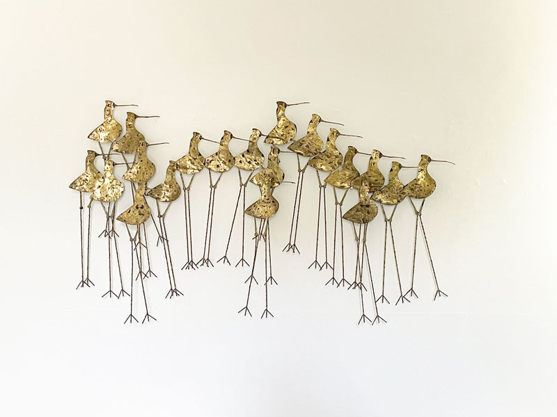 A Large Brutalist Gilt Brass Sandpiper Wall Sculpture by Curtis Jere