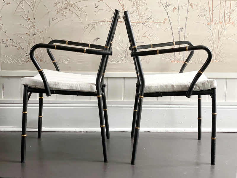 Two Pairs of 1950's Faux Bamboo Metal Chairs