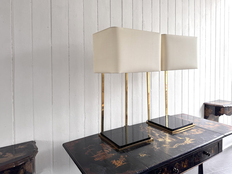 A Pair of Large 1970's Brass Plated Table Lamps on Rippled Black Bases