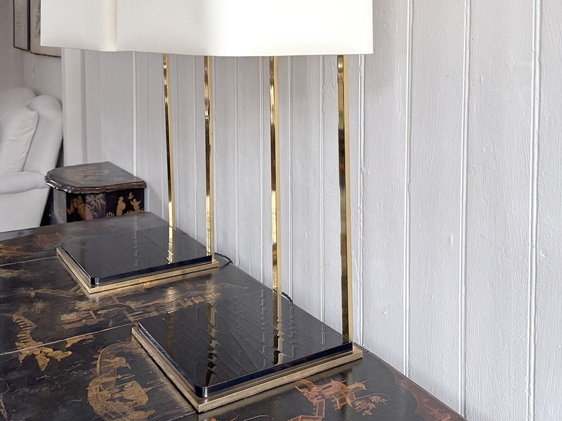 A Pair of Large 1970's Brass Plated Table Lamps on Rippled Black Bases
