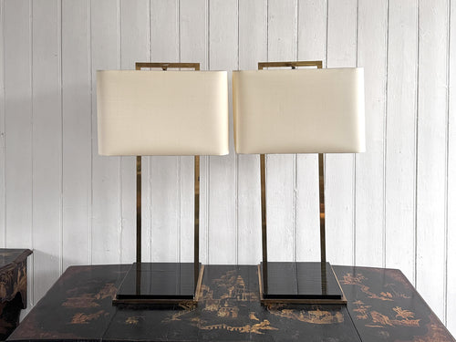 A Pair of Large 1970's Brass Plated Table Lamps on Rippled Black Bases