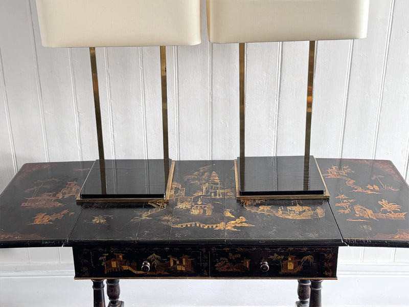 A Pair of Large 1970's Brass Plated Table Lamps on Rippled Black Bases