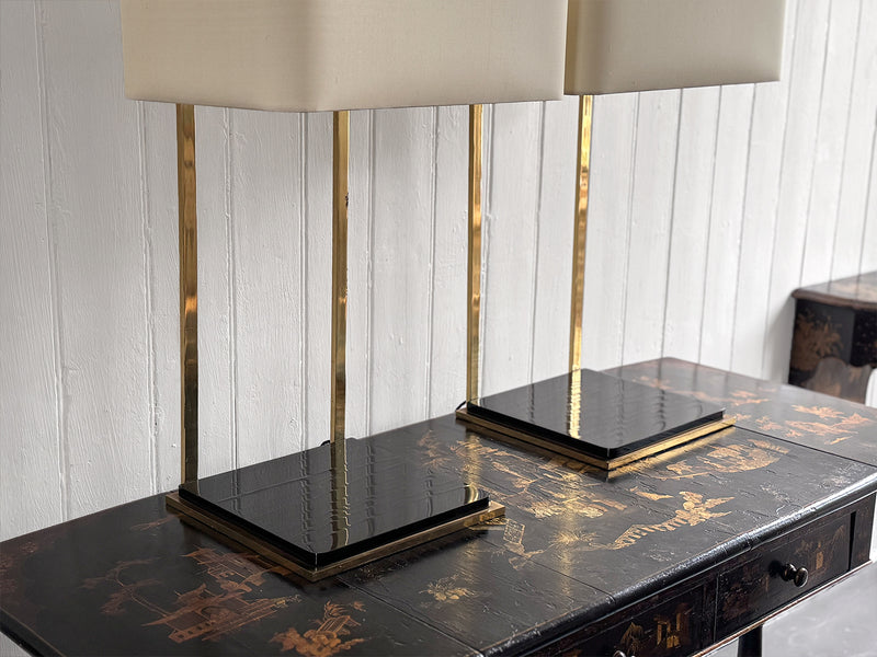 A Pair of Large 1970's Brass Plated Table Lamps on Rippled Black Bases