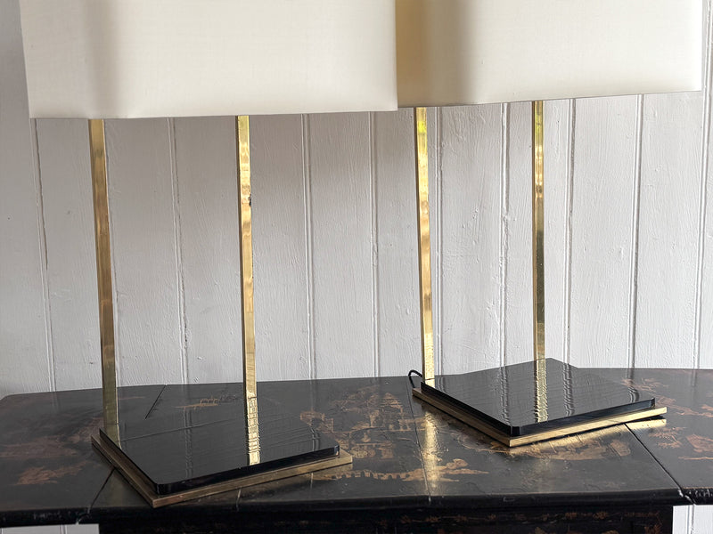 A Pair of Large 1970's Brass Plated Table Lamps on Rippled Black Bases