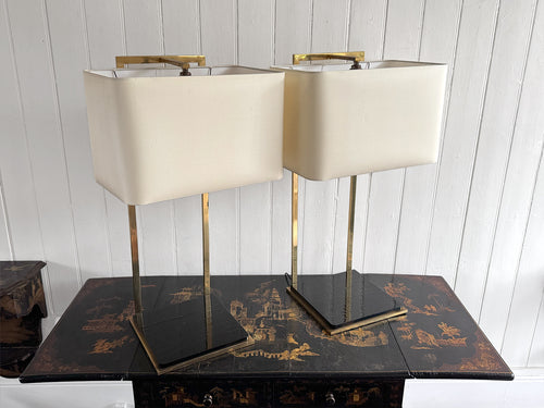 A Pair of Large 1970's Brass Plated Table Lamps on Rippled Black Bases