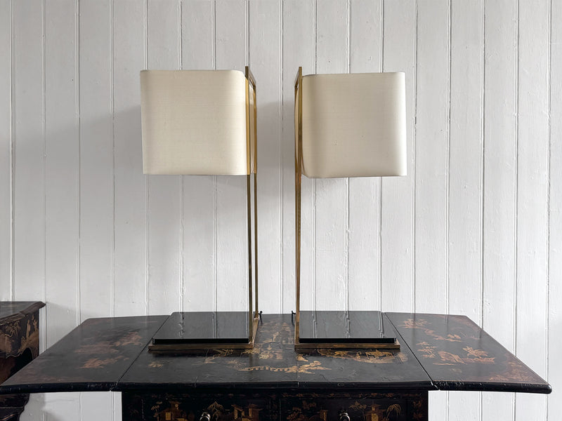 A Pair of Large 1970's Brass Plated Table Lamps on Rippled Black Bases