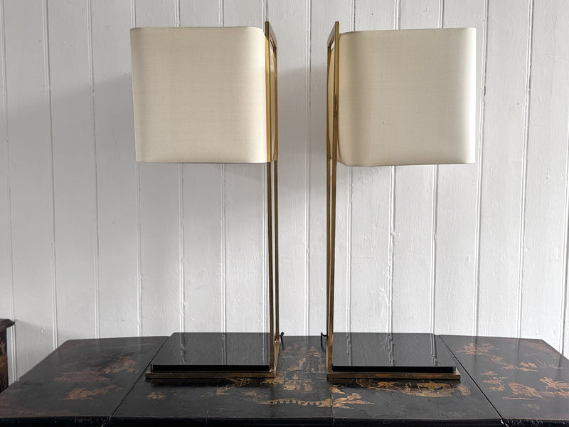 A Pair of Large 1970's Brass Plated Table Lamps on Rippled Black Bases