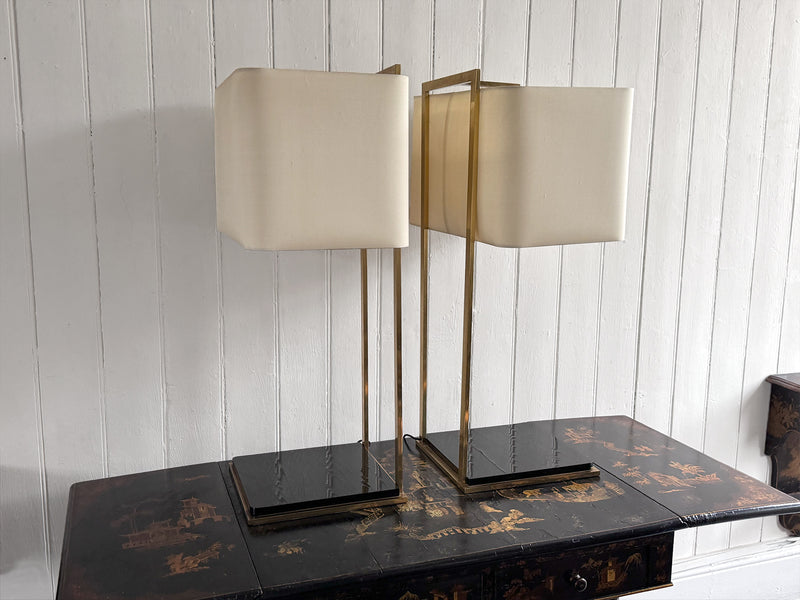 A Pair of Large 1970's Brass Plated Table Lamps on Rippled Black Bases