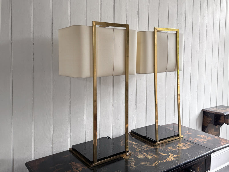 A Pair of Large 1970's Brass Plated Table Lamps on Rippled Black Bases