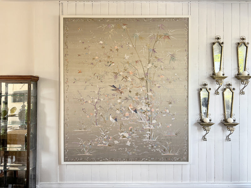 A Very Large Antique Cantonese Framed Hand-Embroidered Silk