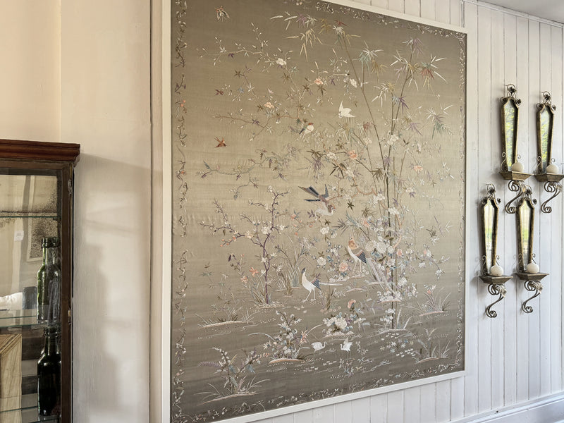 A Very Large Antique Cantonese Framed Hand-Embroidered Silk