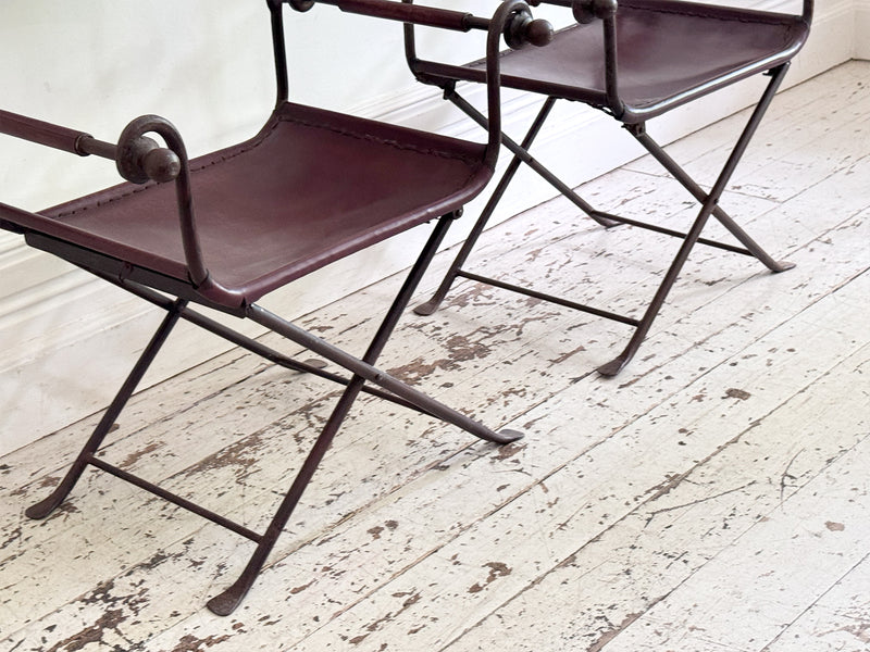 A Pair of 19th C Savonarola Iron & Leather Italian Campaign Chairs