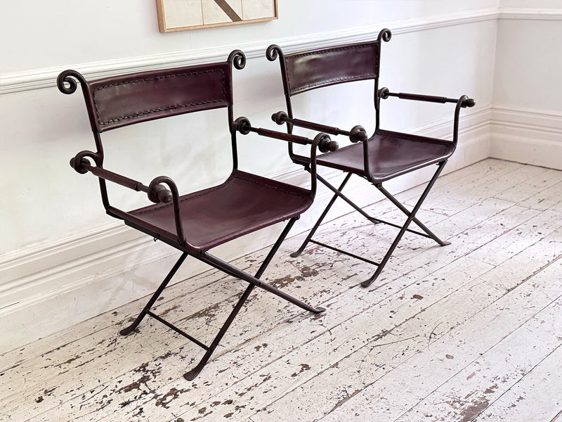 A Pair of 19th C Savonarola Iron & Leather Italian Campaign Chairs