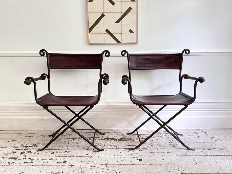 A Pair of 19th C Savonarola Iron & Leather Italian Campaign Chairs