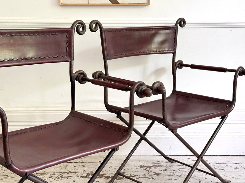 A Pair of 19th C Savonarola Iron & Leather Italian Campaign Chairs