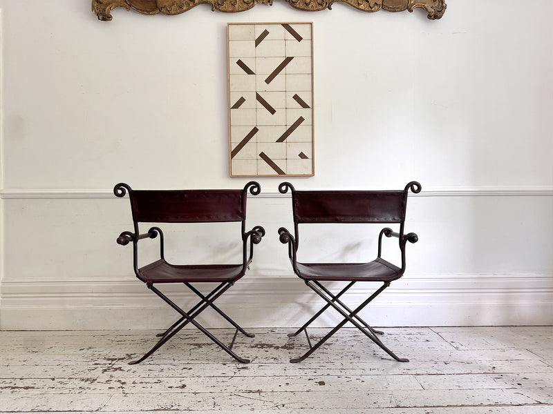A Pair of 19th C Savonarola Iron & Leather Italian Campaign Chairs