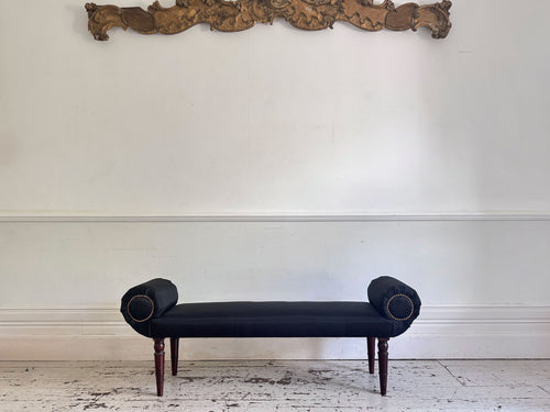 A Late Regency Upholstered Scroll End Bench with Black Horsehair Covering