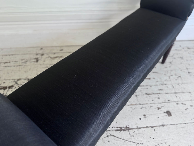 A Late Regency Upholstered Scroll End Bench with Black Horsehair Covering