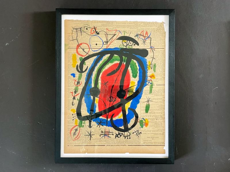 A Charming 1950's French Abstract on Newspaper in the Style of Miro II