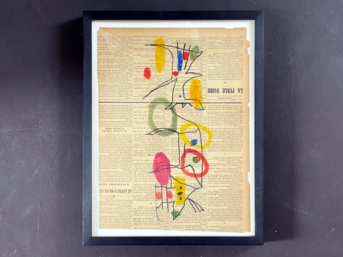 A Charming 1950's French Abstract on Newspaper in the Style of Miro III