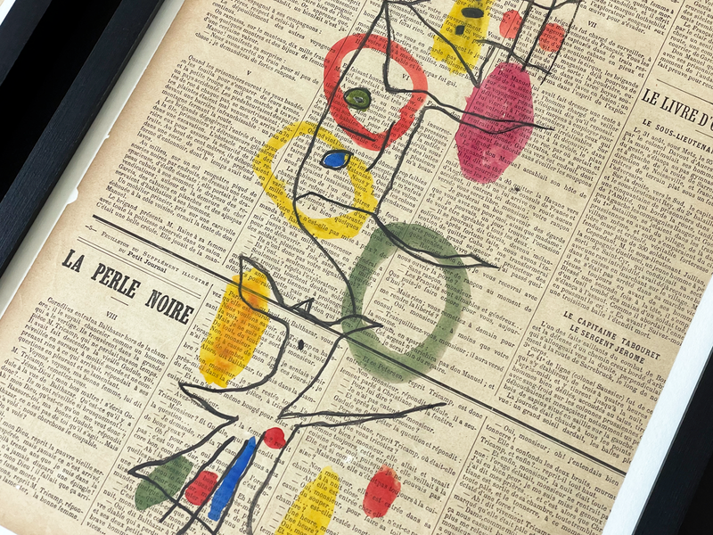 A Charming 1950's French Abstract on Newspaper in the Style of Miro III