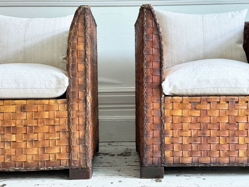 Two Pairs of 1950's Spanish Woven Leather Armchairs