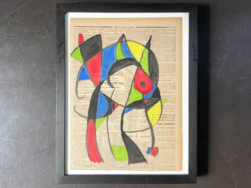 A Charming 1950's French Abstract on Newspaper in the Style of Miro VI