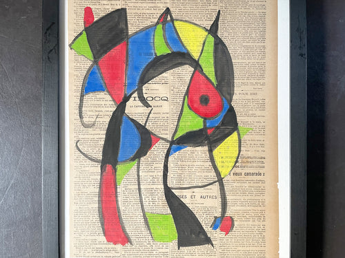 A Charming 1950's French Abstract on Newspaper in the Style of Miro VI