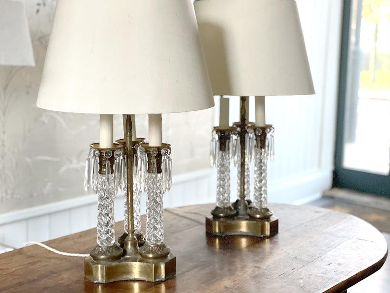 A Pair of 1950's American Glass & Crystal Three Stem Table Lamps