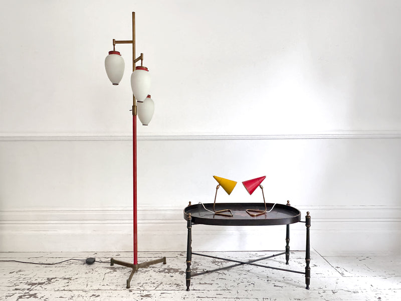 A 1950's Italian Standing Lamp with Red Stem & Opaline Shades