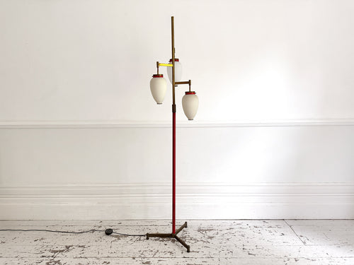 A 1950's Italian Standing Lamp with Red Stem & Opaline Shades