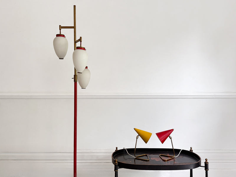 A 1950's Italian Standing Lamp with Red Stem & Opaline Shades