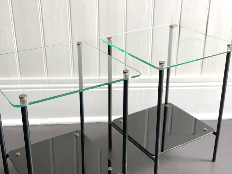 A Pair of 1950's French Black Glass & Brass Side Tables