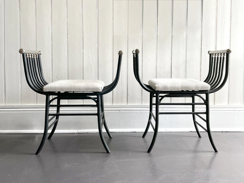 A Pair of 1950's Spanish BlackPainted Metal Throne Stools