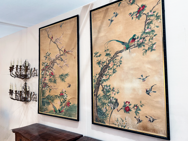 An Exquisite Pair of Late 18th C Painted Chinoiserie Paper Panels