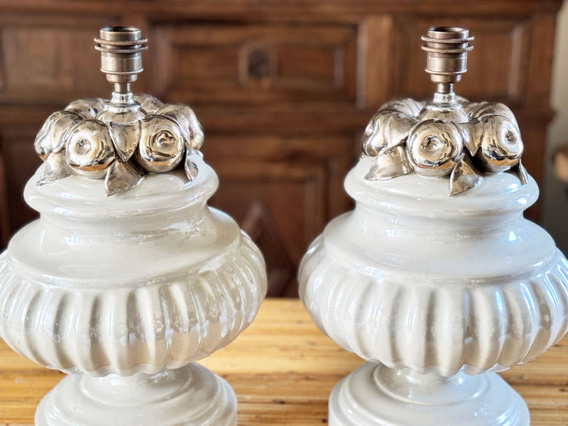 A Pair of 1960's Ceramic Table Lights with Silver Fruit Decoration