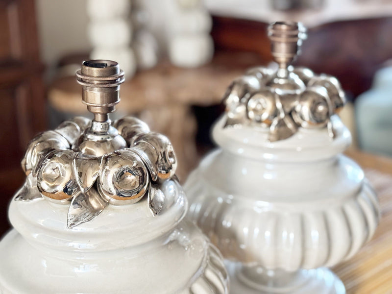 A Pair of 1960's Ceramic Table Lights with Silver Fruit Decoration