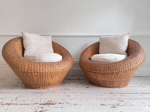 A Pair of 1970's Italian Round Rattan Lounge Chairs