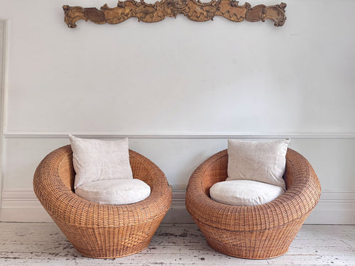 A Pair of 1970's Italian Round Rattan Lounge Chairs