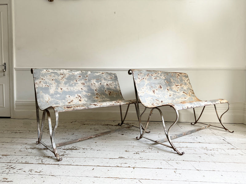 A Pair of Late 19th Century French Painted Iron Scroll Back Benches