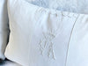 VA Crown - Two Rare 'VA' Small Rectangular Monogrammed Cushions on linen