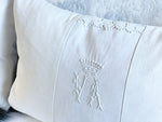 VA Crown - Two Rare 'VA' Small Rectangular Monogrammed Cushions on linen