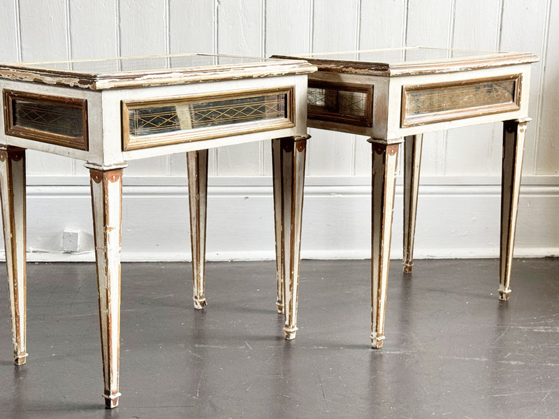 A Pair of 1950's Italian Painted Giltwood & Eglomisé Glass Bedside Tables