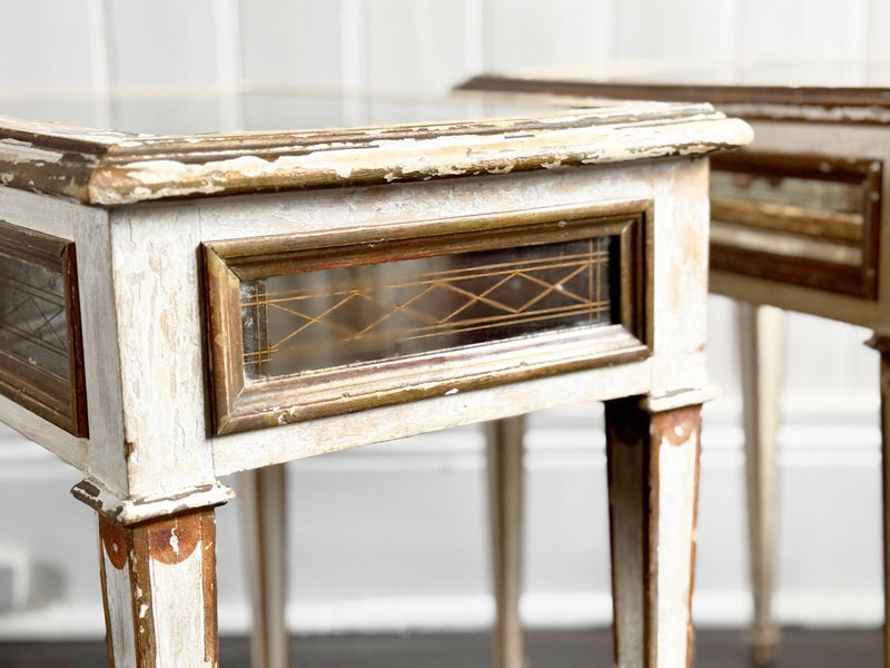 A Pair of 1950's Italian Painted Giltwood & Eglomisé Glass Bedside Tables