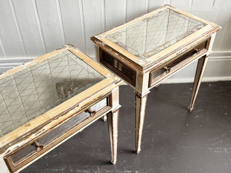 A Pair of 1950's Italian Painted Giltwood & Eglomisé Glass Bedside Tables