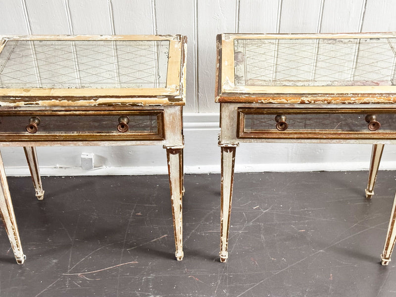 A Pair of 1950's Italian Painted Giltwood & Eglomisé Glass Bedside Tables