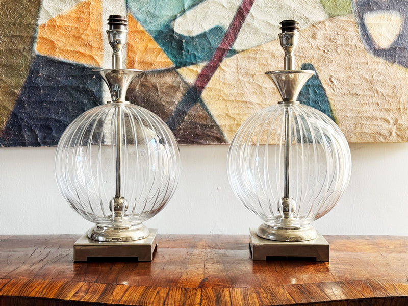 A Pair of 1980's Etched glass and Nickel Table Lamps